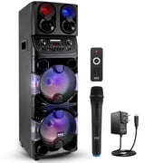 Pyle Portable Bluetooth PA Speaker - 600W Dual 10 Rechargeable Indoor/Outdoor BT Karaoke Audio System -LED Display, FM/AUX/MP3/USB/SD, 1/4" in, Handle, Wheels -Wireless Mic, Remote Control
