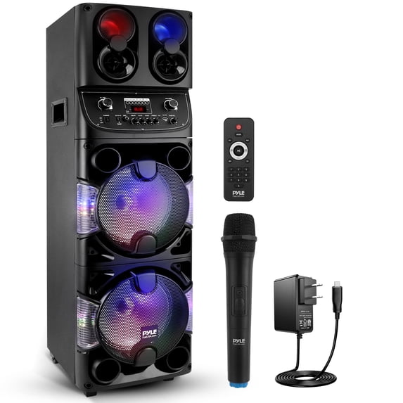 Pyle Portable Bluetooth PA Speaker - 600W Dual 10 Rechargeable Indoor/Outdoor BT Karaoke Audio System -LED Display, FM/AUX/MP3/USB/SD, 1/4" in, Handle, Wheels -Wireless Mic, Remote Control