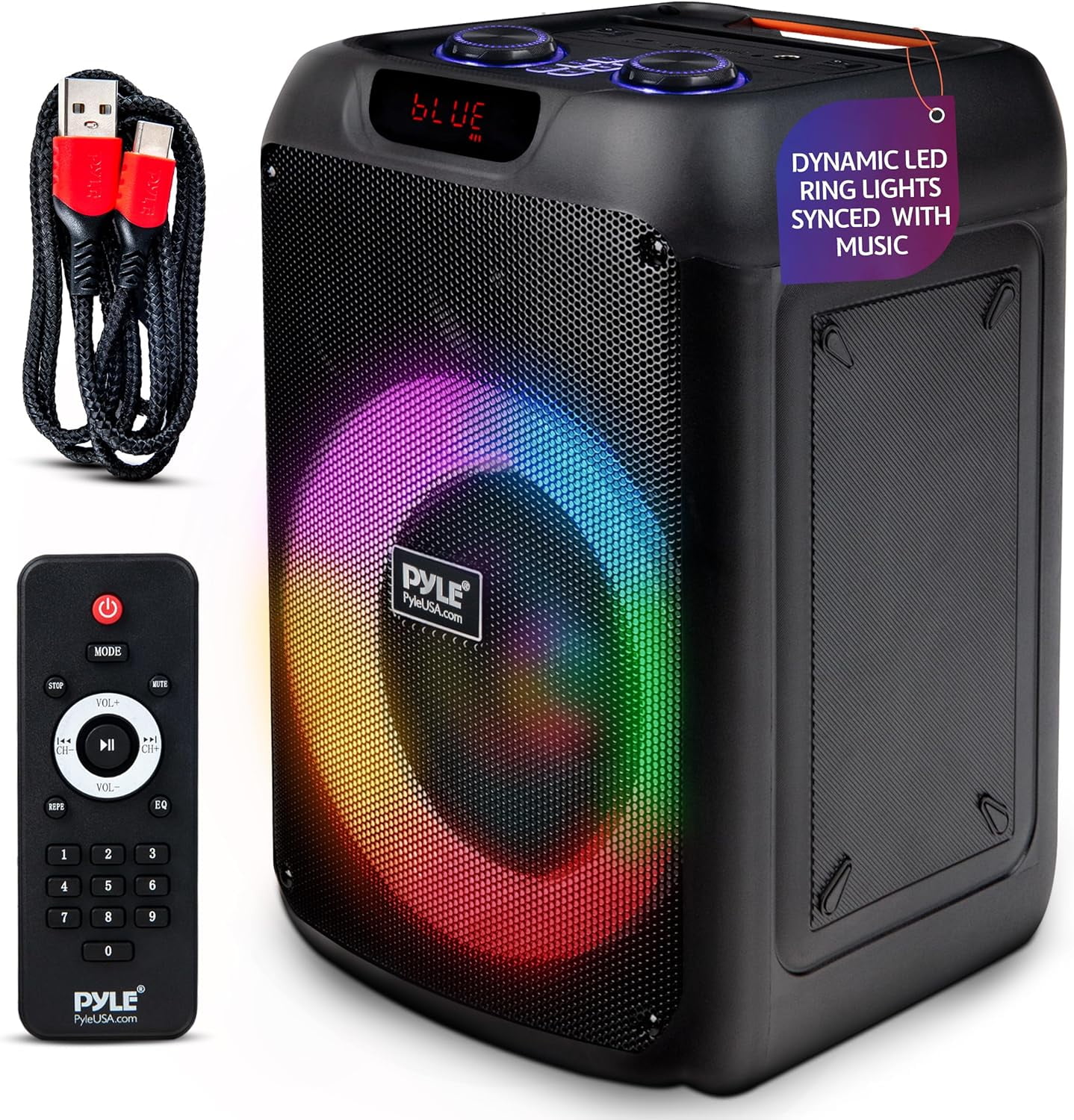 Pyle Portable Bluetooth Party Speaker, 8" Woofer, TWS, 100W, Rechargeable, Mic Input, Echo, Bass/Treble Control, USB/SD/BT/FM, LED Lights, Indoor/Outdoor