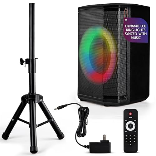 Pyle Portable Bluetooth Speaker with 8" Inch Woofer, TWS Function, Mic Input, USB/Micro SD/FM Radio, Colorful Ring Lights, 120W Rechargeable Battery, Tripod Stand, Hi-Fi Sound, Indoor/Outdoor Use