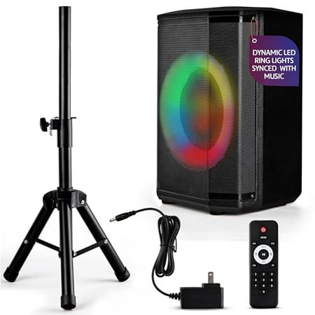 Pyle Portable Bluetooth Speaker with 8" Inch Woofer, TWS Function, Mic Input, USB/Micro SD/FM Radio, Colorful Ring Lights, 120W Rechargeable Battery, Tripod Stand, Hi-Fi Sound, Indoor/Outdoor Use