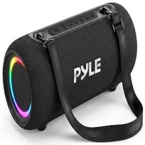 Pyle Portable Bluetooth Speaker, IPX5 Waterproof with RGB LED Lights, TWS Stereo Pairing, FM Radio, USB, AUX, Built-In Mic, USB-C Charging & Shoulder Strap