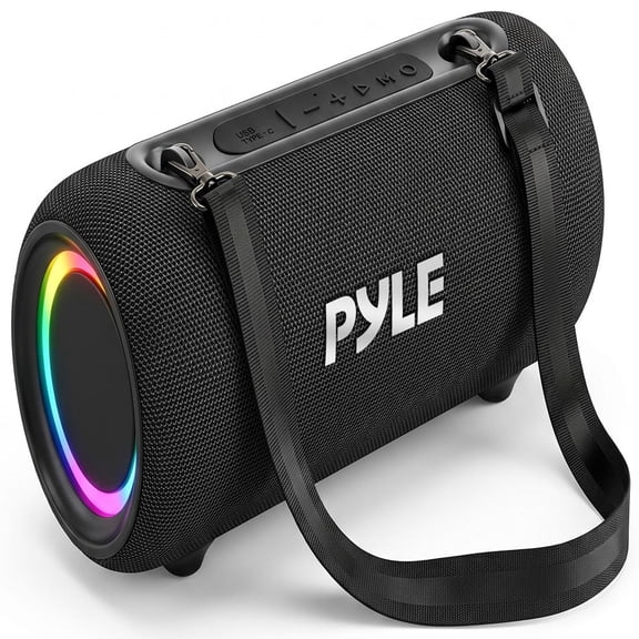 Pyle Portable Bluetooth Speaker, IPX5 Waterproof with RGB LED Lights, TWS Stereo Pairing, FM Radio, USB, AUX, Built-In Mic, USB-C Charging & Shoulder Strap