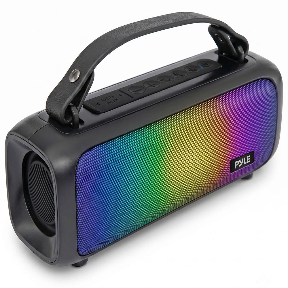 Pyle Portable Bluetooth Speaker with RGB Light Show, Bass Boost, TWS Pairing, FM Radio, USB, AUX Input, Voice Assistant, USB-C Charging & Carry Handle