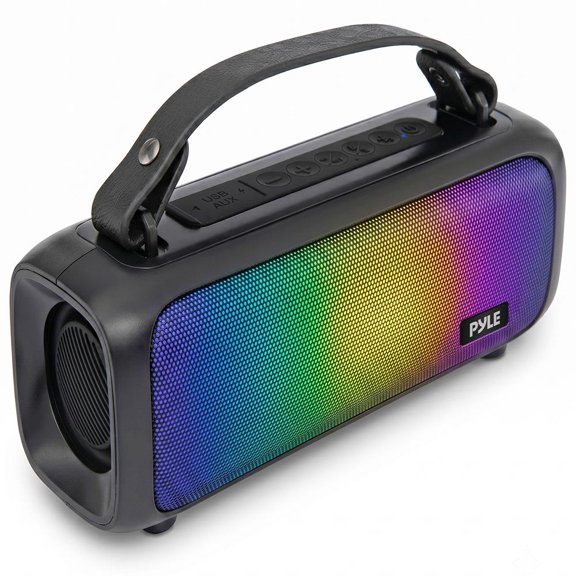 Pyle Portable Bluetooth Speaker with RGB Light Show, Bass Boost, TWS Pairing, FM Radio, USB, AUX Input, Voice Assistant, USB-C Charging & Carry Handle