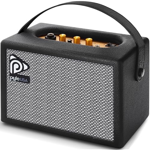 Pyle Portable Electric Guitar Amplifier - 5'' High-Definition Speaker with Volume, Bass, and Treble Controls - Lightweight Plywood, Gold Plate, and Leather Coating (Black)