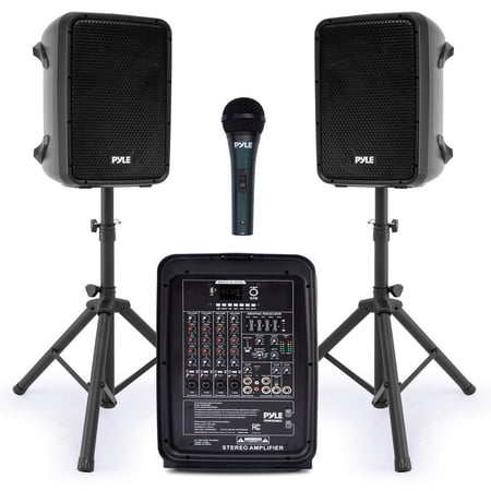 Pyle Portable PA System with Bluetooth, 8" Speakers & Subwoofer, 300W RMS Party Sound System with DSP Mixer, Microphone, Speaker Stands & Cables