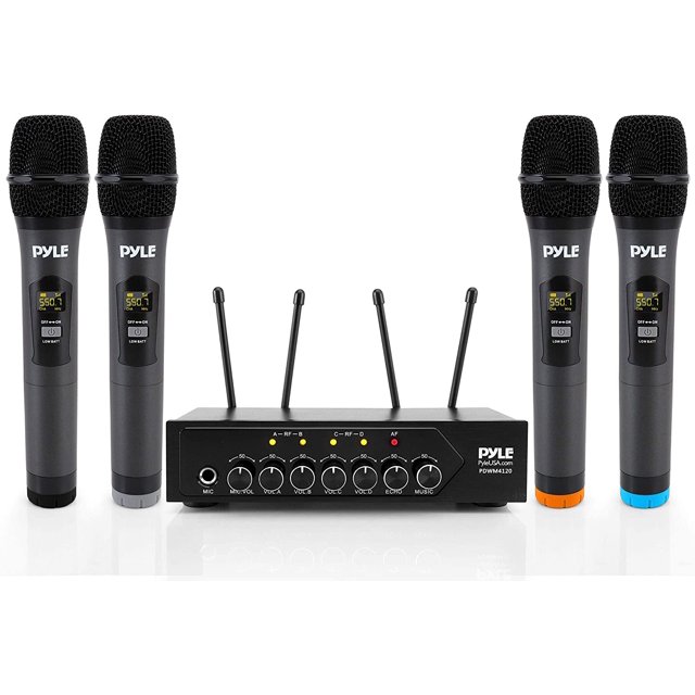 Pyle Portable UHF Wireless Microphone System Battery Operated Four