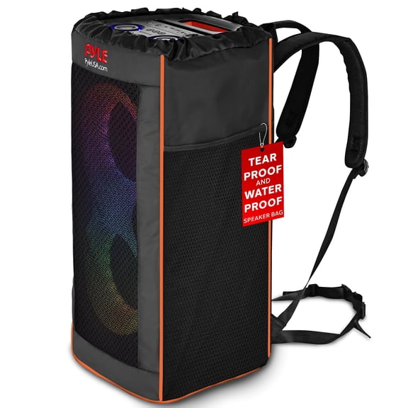 Pyle Portable Waterproof Speaker Bag, Tear-Proof Travel Case with Adjustable Backpack Straps, Side Storage Pockets & Drawstring Top, Compatible with Pyle Speaker PPHP26BL & More, 11.8x11.8x26.4