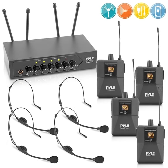 Pyle Portable Wireless Microphone System Battery Operated Four Bluetooth Cordless Microphone Set