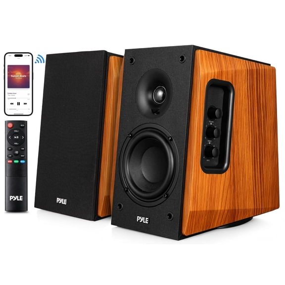 Pyle Powered Bookshelf Speaker System – 80W Bluetooth Active Stereo Speakers with ARC, Optical & Coax Inputs, Subwoofer Out, Bass Reflex Wood Cabinet for Home Theater & Studio (Pair)