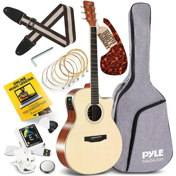 Pyle Premium Electric Acoustic Guitar w/Spruce Top and Mahogany Sides - Full Size Standard Dreadnought Cutaway Natural Matte Finish w/Full Starter Kit Gig Bag, 4-Band EQ, Rechargeable Clip Tuner