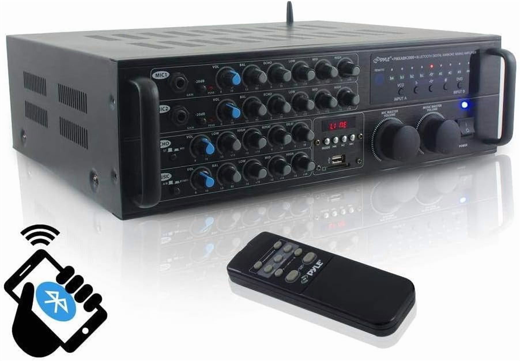 2000 Watt Bluetooth Stereo Mixer Karaoke Amplifier, Microphone/RCA Audio/Video Inputs, Mic-Talkover, USB/SD Readers, Rack Mountable Amp