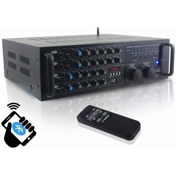 2000 Watt Bluetooth Stereo Mixer Karaoke Amplifier, Microphone/RCA Audio/Video Inputs, Mic-Talkover, USB/SD Readers, Rack Mountable Amp