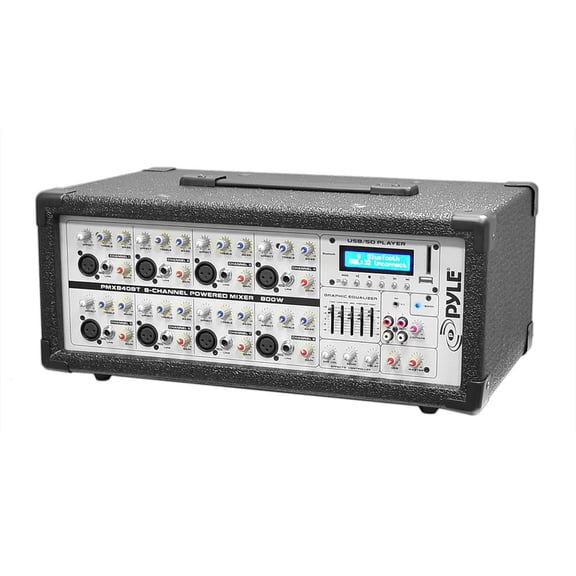 PYLE PMX840BT - 8-Channel Bluetooth Stage Powered Mixer - Pro Audio Sound Mixer, MP3/USB/SD Readers, Aux(3.5mm) Input, Digital LCD Display (800 Watt)
