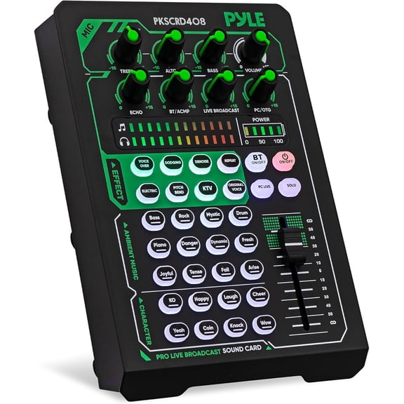 Pyle Pro Live Broadcast Sound Card | Rechargeable Bluetooth Mixer | 8 Voice FX - 12 Ambient Presets | DSP Noise Reduction | Dual Mic Inputs | Solo Mode | Streaming, Podcasting, Gaming - PKSCRD408