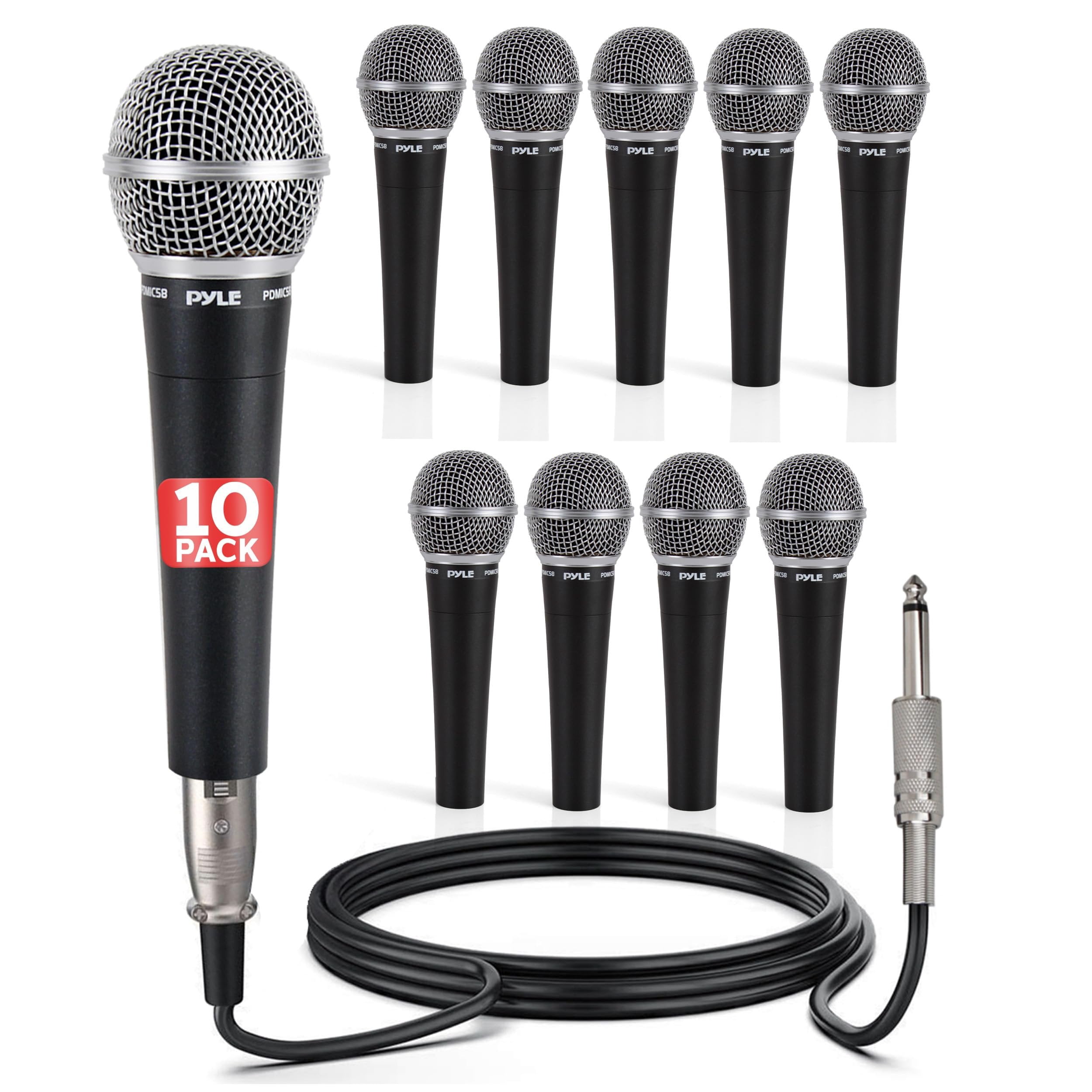 Pyle Professional Dynamic Microphone - 10-Pack Unidirectional Handheld Mic with Built-in Pop Filter, High Signal Output, 15 ft. XLR Audio Cable, Ideal for Stage, Karaoke & Studio Performances