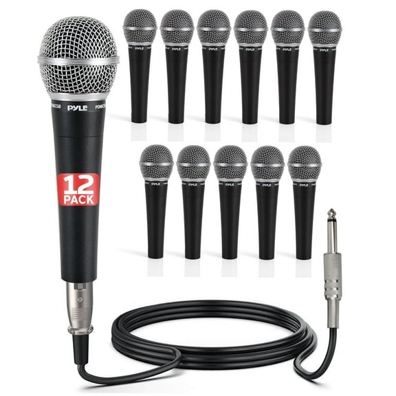 Pyle Professional Dynamic Microphone - 12-Pack Unidirectional Handheld Mic with Built-in Pop Filter, High Signal Output, 15 ft. XLR Audio Cable, Ideal for Stage, Karaoke & Studio Performances