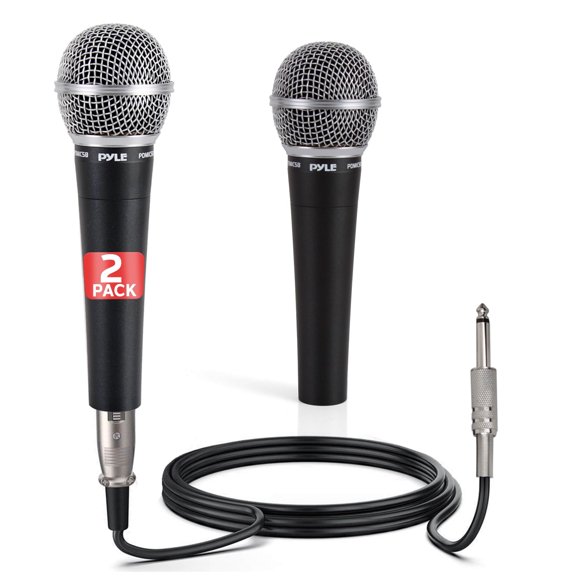 Pyle Professional Dynamic Microphone - 2-Pack Unidirectional Handheld Mic with Built-in Pop Filter, High Signal Output, 15 ft. XLR Audio Cable, Ideal for Stage, Karaoke & Studio Performances