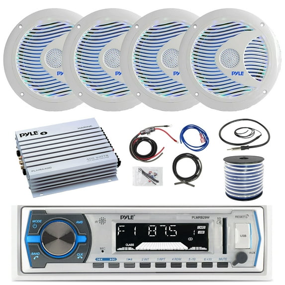 Pyle Single DIN Bluetooth MP3 In-Dash Stereo Receiver w/ Remote Control, 4x 6.5'' 150 Watt Max Power Multicolor LED Dual Cone Boat Speakers, 4 Channel Amplifier w/Wiring Kit, Speaker Wire, Antenna