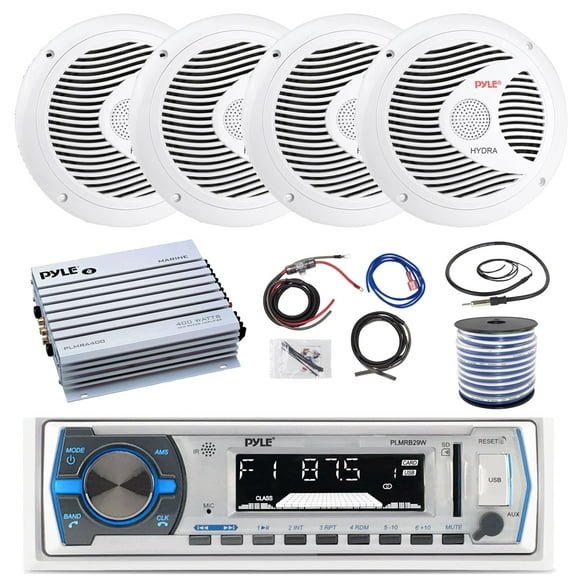 Pyle Single DIN Bluetooth MP3 In-Dash Stereo Receiver w/ Remote Control, 4x 6.5'' 150 Watt Peak Power 2 Way White Boat Speakers, 4 Channel Amplifier w/Wiring Kit, Speaker Wire, Antenna