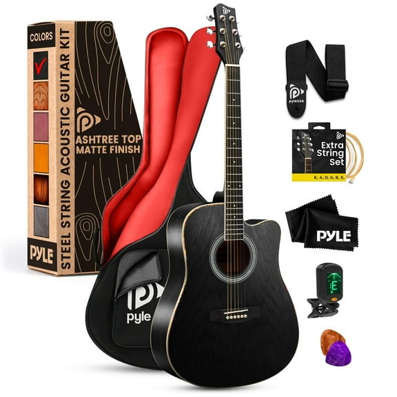 Pyle Steel String Acoustic Guitar Kit, 41" Full Size Cutaway with Ashtree Top, Open Pore Finish, Premium Accessory Set with Armored Gig Bag, Black Matte