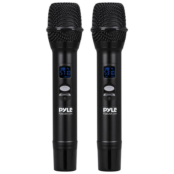 Pyle UHF Wireless Microphone System - Portable Digital Audio Sound Mixer Receiver w/ Bluetooth, 2 Handheld Mic, Receiver Base, Addressable Frequency, Great For Home Karaoke & Professional Use, Black
