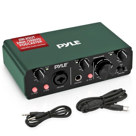 Pyle USB Audio Interface for Recording, Streaming & Podcasting  2 Inputs 2 Outputs, 48V Phantom Power, 24bit/192kHz ASIO, Studio-Quality Sound, Rugged Metal Chassis - Compatible with Windows/Mac