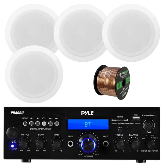 Pyle USB/SD-Card 200 Watt Bluetooth Stereo Amplifier Receiver, 8'' Two-Way In-Ceiling Speakers w/70V Transformer (4 Speakers), 16-Gauge 50 Foot Speaker Wire