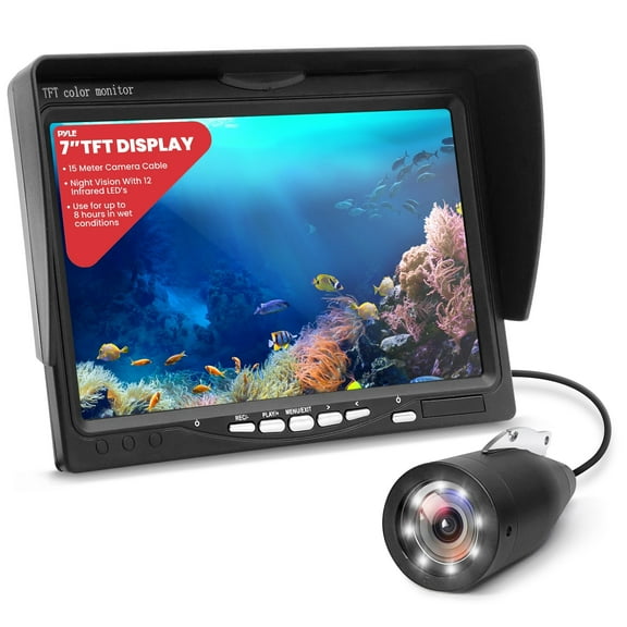 Pyle, Underwater Fishing Camera, LCD Monitor, Night Vision, 7-inch TFT, IP68 Water Resistant, Infrared LED, Removable Sun-Visor, 12V Li-ion Battery, 4500 mAh, Waterproof Suitcase, 50m Cable