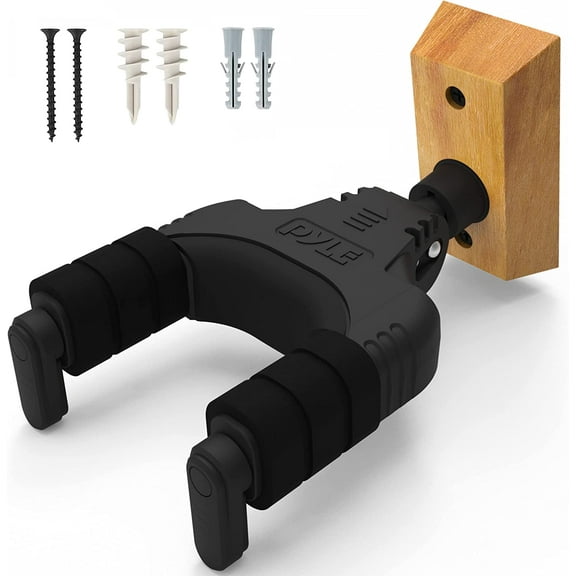 Pyle Usa Guitar Wall Hanger Mount Stand with Auto-Lock, Stringed Instrument Hook Holder with Real Wood Base.