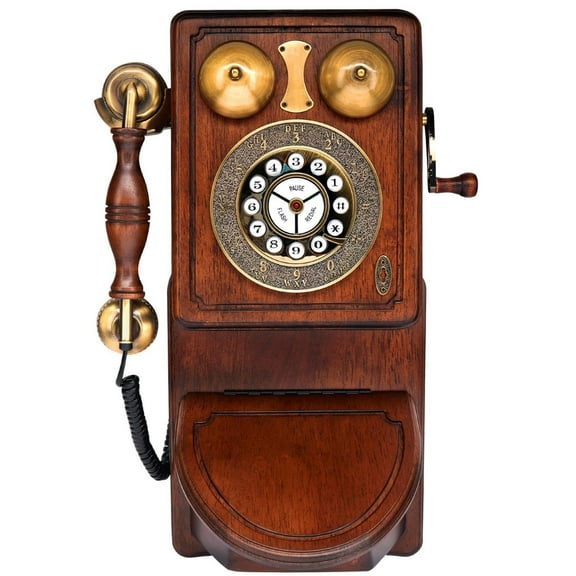 Pyle Vintage Classic Wall-Mount Corded Phone Retro Design with Crank Handle, Tone/Pulse Switch, Redial Function, Handcrafted Wood & Veneer, Antique Landline Telephone
