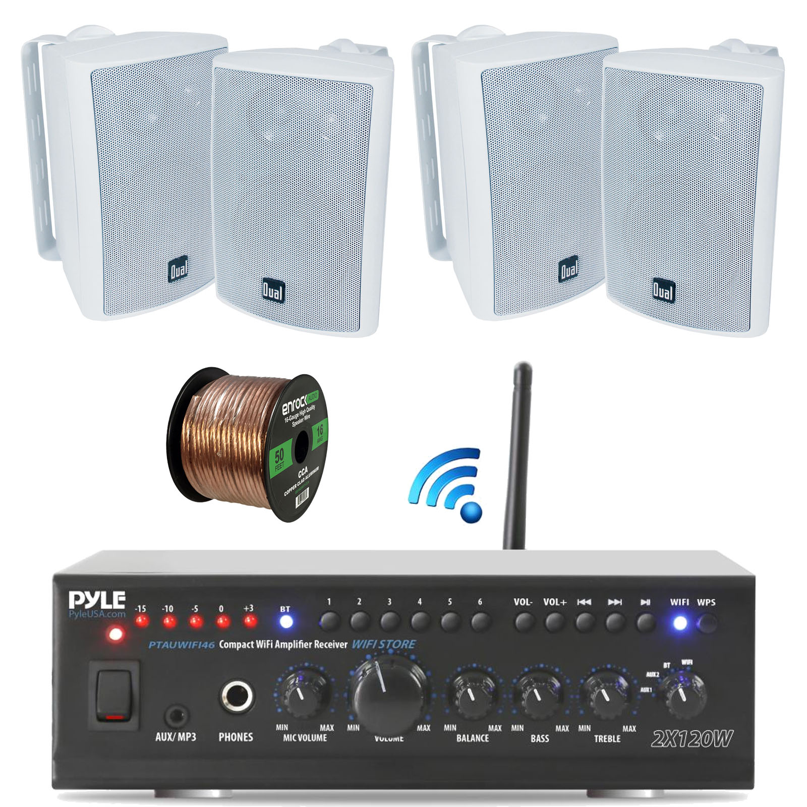 Pyle WiFi Bluetooth Stereo Amplifier 240-Watt Home Theatre Receiver, Dual Electronics 4" 3-Way Bookshelf Studio Monitor Speaker (White), Enrock Audio Spool of 50 Foot 16-Gauge Speaker Wire - image 1 of 6