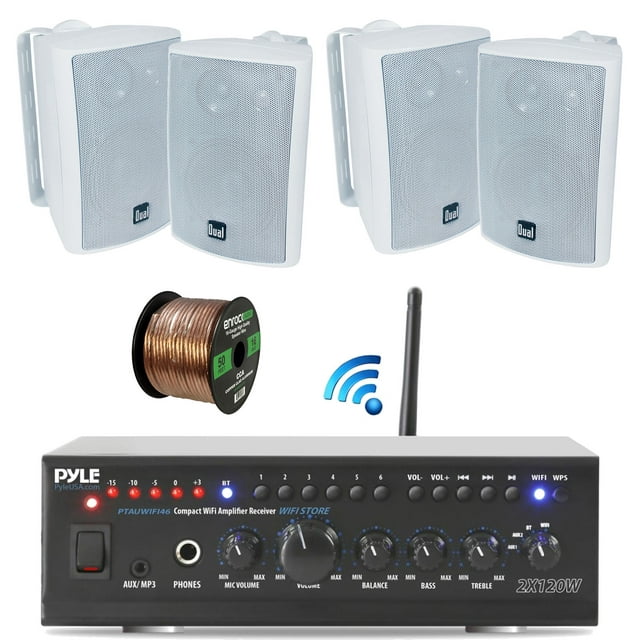 Pyle WiFi Bluetooth Stereo Amplifier 240-Watt Home Theatre Receiver, Dual Electronics 4" 3-Way Bookshelf Studio Monitor Speaker (White), Enrock Audio Spool of 50 Foot 16-Gauge Speaker Wire
