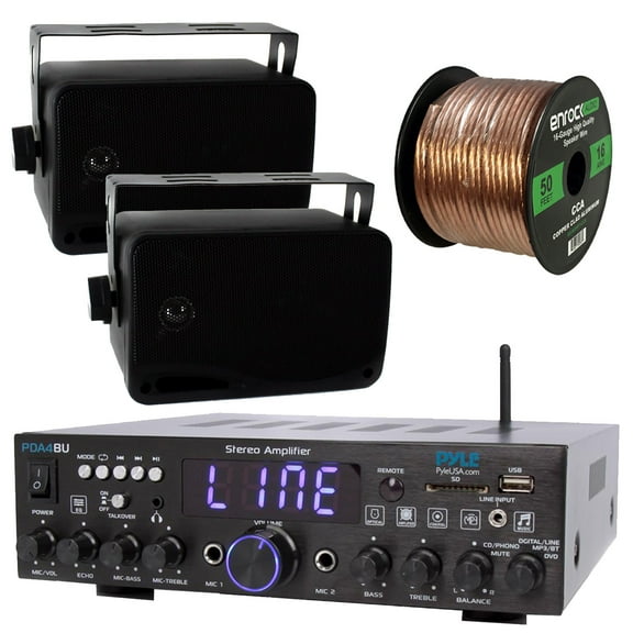 Pyle Wireless Bluetooth Stereo Amplifier-Multi-Channel 200W Amplifier Home Audio Receiver System Bundle Combo with 2x 3.5'' 3-Way Weather Proof Mini Black Box Speakers, 16 Gauge 50 Feet Speaker Wire