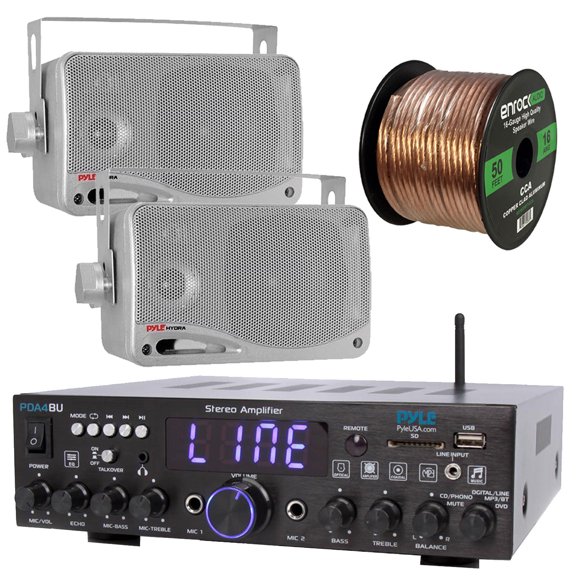 Pyle Wireless Bluetooth Stereo Amplifier-Multi-Channel 200W Amplifier Home Audio Receiver System Bundle Combo with 2x 3.5'' 3-Way Weather Proof Mini Silver Box Speakers, 16 Gauge Speaker Wire