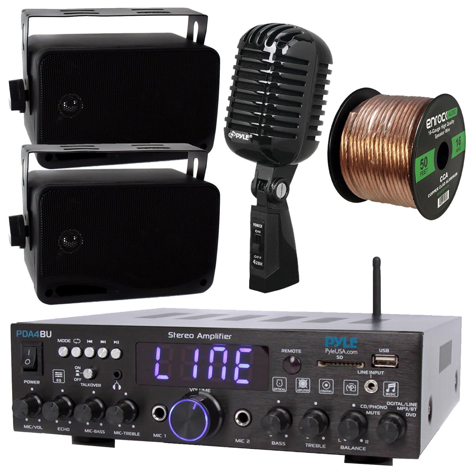 Pyle Wireless Bluetooth Stereo Amplifier-Multi-Channel 200W Amplifier Receiver System Bundle Combo with 2x 3.5'' 3-Way Weather Proof Black Box Speakers, Retro Black Microphone, 16 Gauge 50 Feet Wire