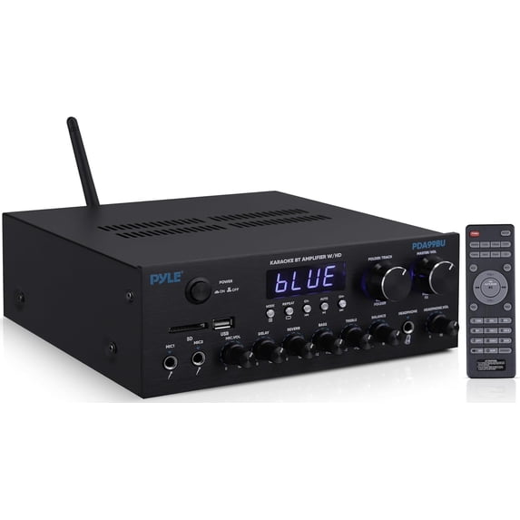 Pyle Wireless Bluetooth Streaming Amplifier, 300W Multi Channel Home Audio Receiver System with HDMI in/Out, Optical/Coaxial, FM Radio, USB/SD, AUX, RCA, Mic in, and BT/FM Antenna, 10.2x9.8x2.8