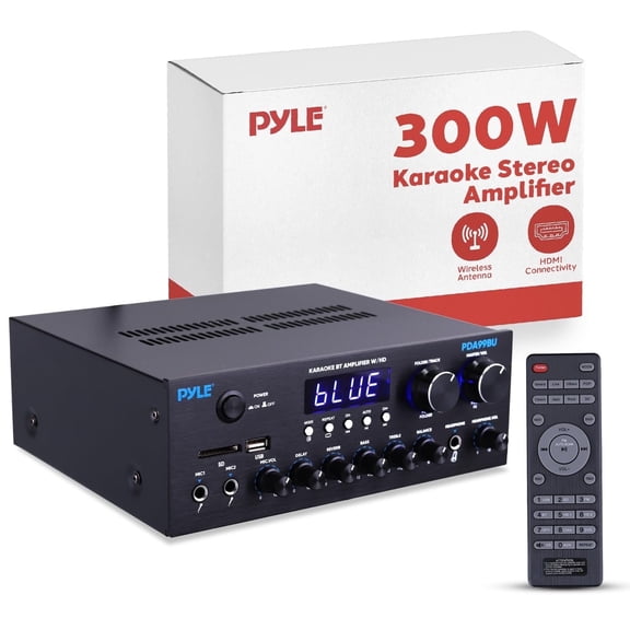 Pyle Wireless Bluetooth Streaming Amplifier, 300W Multi Channel Home Audio Receiver System with HDMI in/Out, Optical/Coaxial, FM Radio, USB/SD, AUX, RCA, Mic in, and BT/FM Antenna, 10.2x9.8x2.8