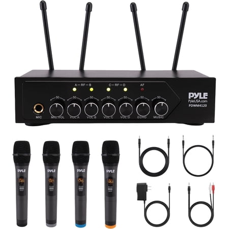 Pyle Wireless Microphone System Set w/ Bluetooth Receiver Base & 4 Handheld Mics