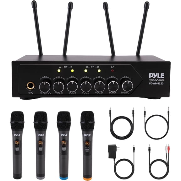 Pyle Wireless Microphone System Set w/ Bluetooth Receiver Base & 4 Handheld Mics
