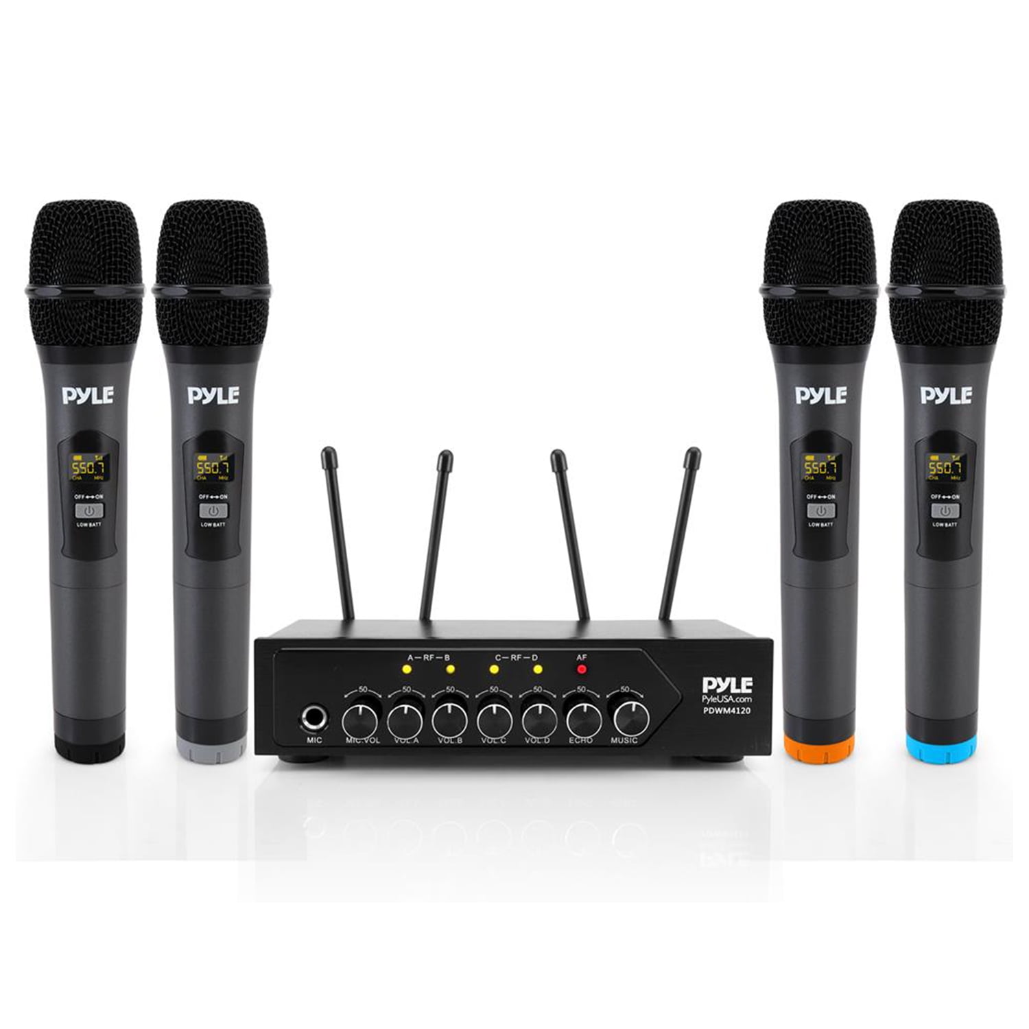 Pyle Wireless Microphone System Set w/ Bluetooth Receiver Base & 4 Handheld  Mics