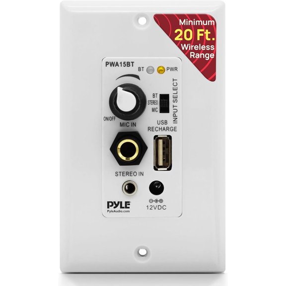 PYLE PWA15BT - Bluetooth In-Wall Receiver, Wall Plate Audio Control Amplifier (USB, Microphone & Aux Inputs)