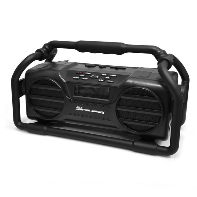 PyleIndustrial BoomBoX Rugged BT Speaker, Heavy-Duty & Splash-Proof Stereo Radio, Portable Sound System, USB/SD/MP3/FM Radio (Black)