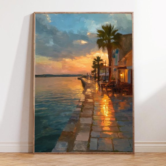 Pylos Greece Mediterranean Harbor Sunset Travel Wall Art, Stretched Canvas Size 12x18