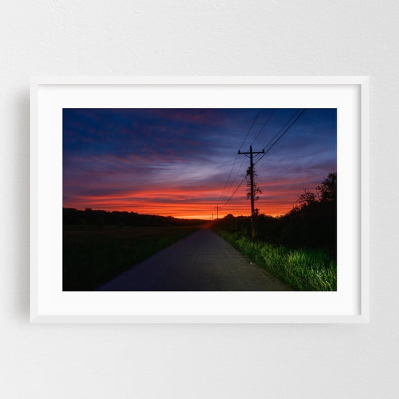 Pynchon Meadow Road, Easthampton - Easthampton Massachusetts Photography Sunset Landscape Rural Scenic Countryside Night Sky Silhouette White Framed Wall Art Print 24 x 36 inches
