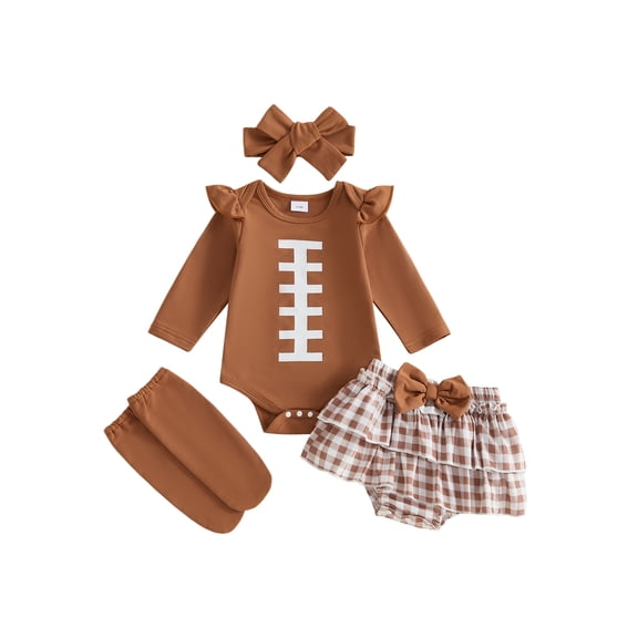 PynkiFlick Infant Baby Girl Fall Outfit 3 6 12 18 Months Football Theme Romper Skort Stockings Headband 4Pcs Clothes Set