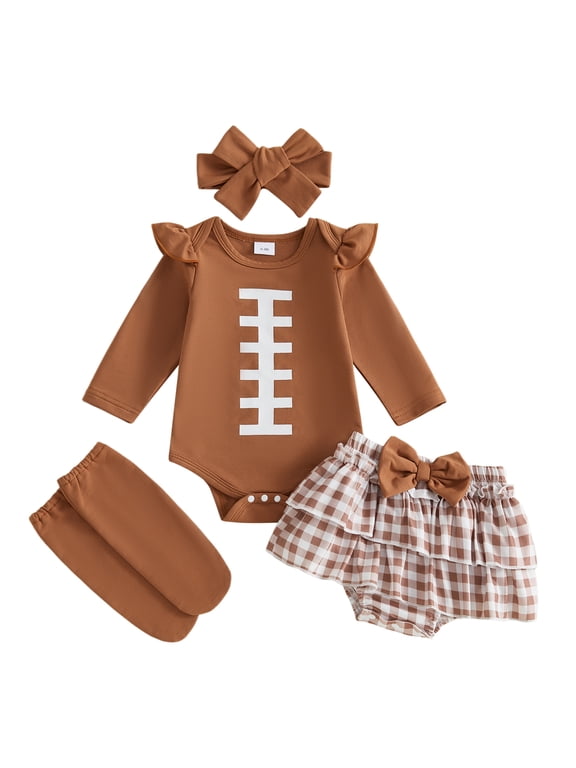 Infant Baby Girl Fall Outfit 3 6 12 18 Months Football Theme Romper Skort Stockings Headband 4Pcs Clothes Set