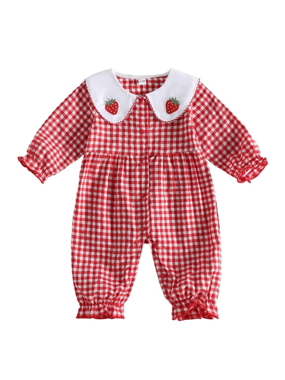 Infant Baby Girl Fall Romper 3 6 9 12 18 Months Plaid Button Up Doll Collar Long Sleeve Jumpsuit