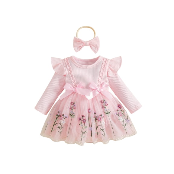 PynkiFlick Infant Baby Girl Fall Romper Dress 3 6 9 12 18 Months Crew Neck Long Sleeve Bodysuit and Headband 2Pcs Clothes